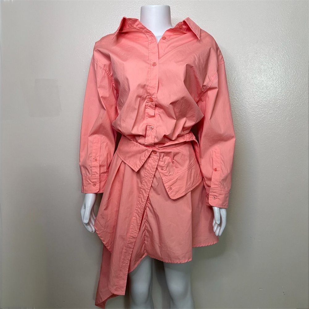 Blush pink long sleeve asymmetrical hem shirt dress built in mesh camisole